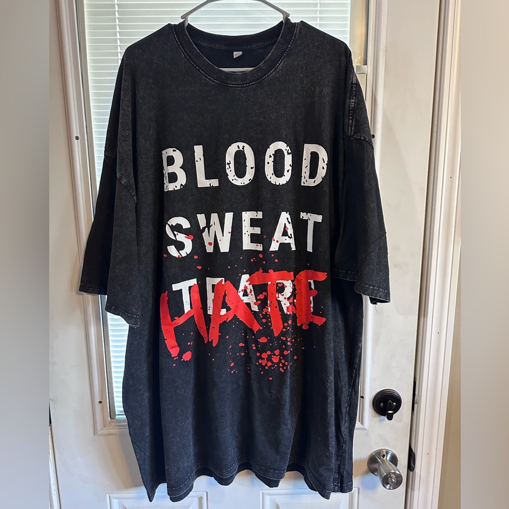 Black Graphic T-Shirt with Red and White Print